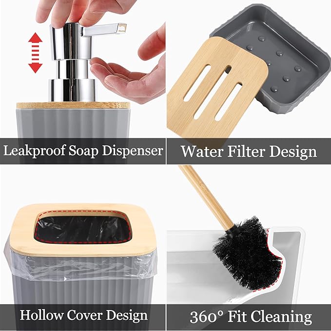 XLHOMO Grey Bathroom Accessories Set, 9 Piece Gray Bathroom Set, Bathroom Accessory Sets Compelete with Trash Can, Toothbrush Holder, Cup, Lotion Dispenser, Tray, Soap Dish, Toilet Brush, Qtip Holders
