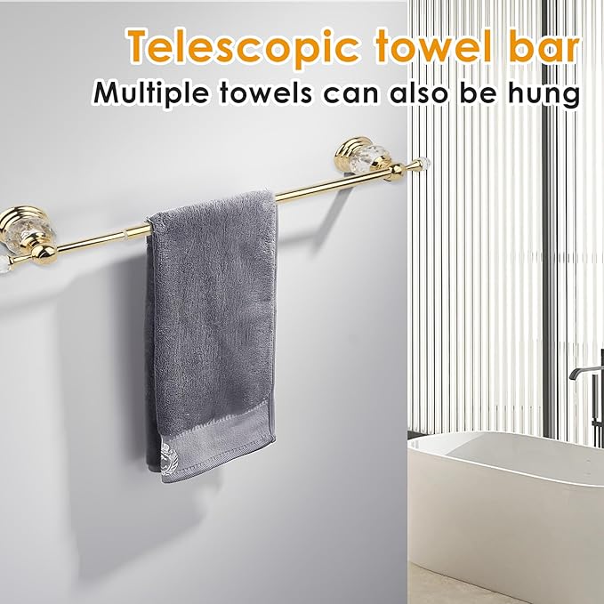 Wall Mounted Polished Gold Towel Bar,Crystal Towel Holder Adjustable Towel Rack Expandable Rail Bathroom Accessories