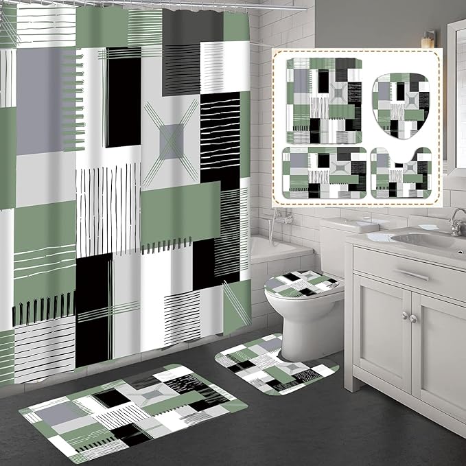 All Smiles Sage Green Shower Curtain Sets with Non-Slip Rugs,Toilet Lid Cover and Bath Mat, Black and Green Bathroom Decor Set Accessories Waterproof Shower Curtains