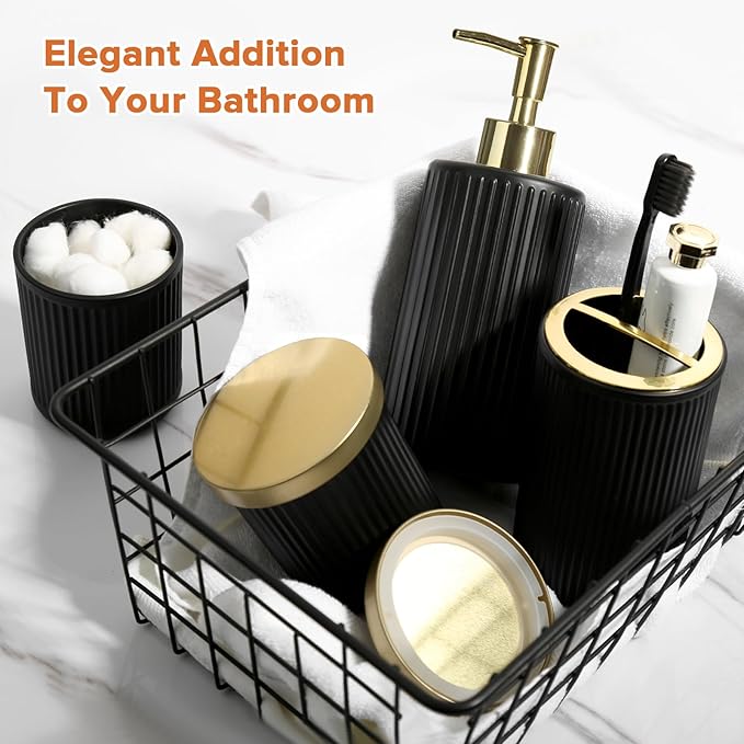 RYTOXILO Matte Black and Gold Bathroom Accessories Set, 4 Pack Glass Bath Accessory Sets Complete, Ribbed Soap Dispenser and Toothbrush Holder Set with 2 Qtip Holders, Modern Gold Bathroom Decor