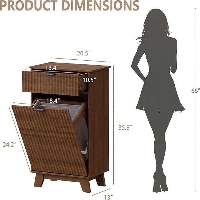 Wodeer Tilt Out Laundry Hamper Cabinet with Storage and Drawer, 10 Gallon Fluted Hidden Trash Can Cabinet, Farmhouse Wood Laundry Basket for Bathroom, Kitchen, Walnut, 20.47" W x 12.99" D x 35.82" H
