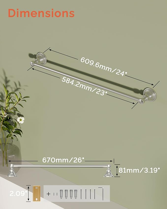 Towel Bar 24inch, Stainless Steel Bathroom Towel Rack Wall Mounted, Heavy Duty Towel Rod, Towel Holders for Bathroom, Kitchen (Brushed Nickel)