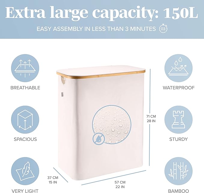 LONBET Laundry Basket with Lid, Made from Breathable Fabric | Aesthetic Clothes Hampers for Laundry with Side Handles & Sturdy Bamboo Frame (40 Gallons - Double, Beige)