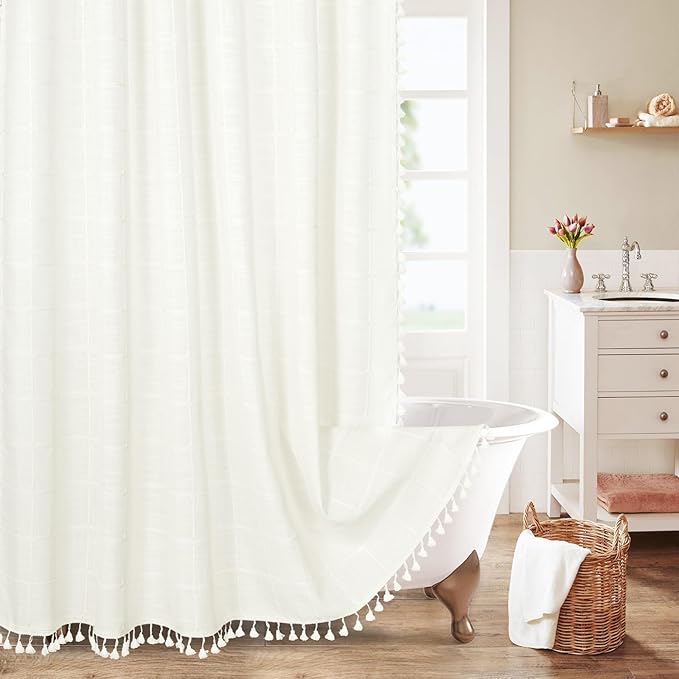 MitoVilla Cream White Boho Extra Long Shower Curtain 72 x 84, Modern Farmhouse 84 inch XL Polyester Linen Texture Tassel Fabric Shower Curtain Set with Hooks for Country Bathroom Decor, Ivory