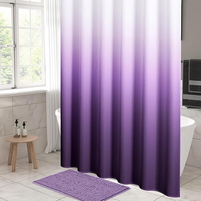 MitoVilla Purple Ombre Shower Curtain 72 x 78, Long Waffle Fabric Shower Curtains for Modern Luxury Bathroom Decor, Heavy Duty Hotel Cloth Shower Curtains 78 inch Long