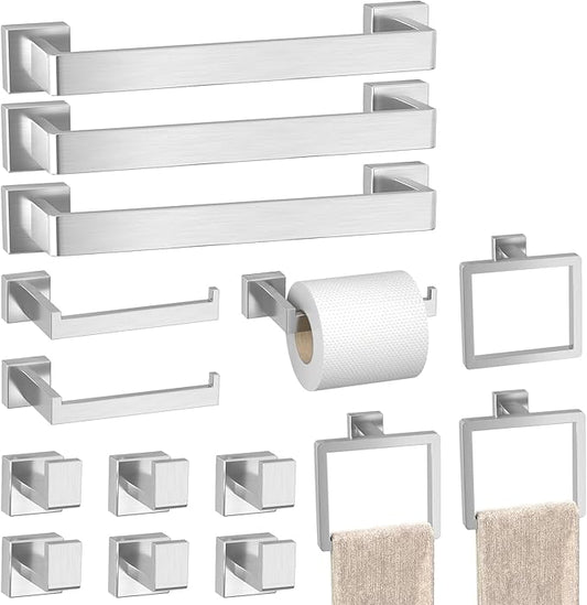 Bathroom Accessories Towel Bar Set: 15 Pieces Brushed Nickel Square Bathroom Hardware SUS304 Stainless Steel - Wall Mounted Towel Rack&Toilet Paper Holder&Towel Ring and Towel Hook