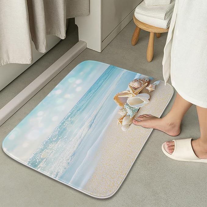Beach Modern Ocean Coastal Bathroom Sets with Starfish Funky Shower Curtain and 20 x 31 Rugs Bathroom Accessories Sets Decor with Bath Rug, Bath Mat, U-Shaped Contour and Hooks 72 x 72 Inch