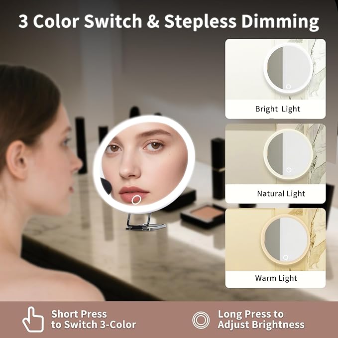 6" 30X Magnifying Mirror with Light Suction Cup,Led Close up Mirror for Checking Pores with 360° Stand,3 Color Lighted Personal Mirror 30X,30 Times High Magnification Concave Mirrors