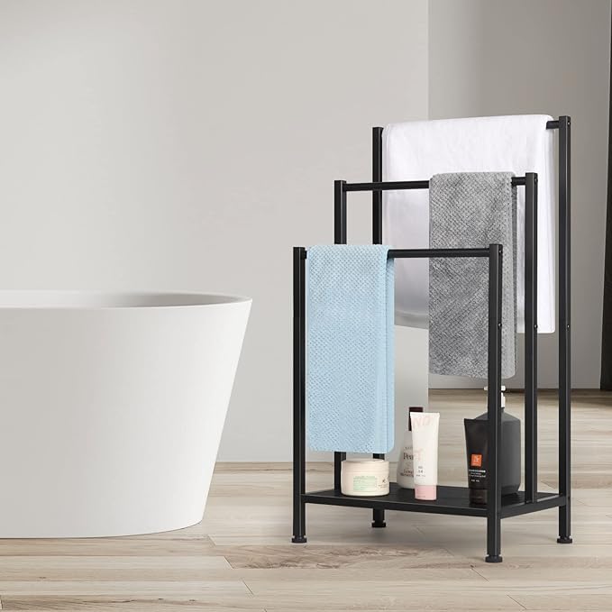 Freestanding Towel Rack, 3 Tier Metal Towel Rack Blanket Rack Stand for Bedroom Black Bath Towel Holder Stand Floor for Bathroom Floor Towel Holder with Wooden Storage Shelf