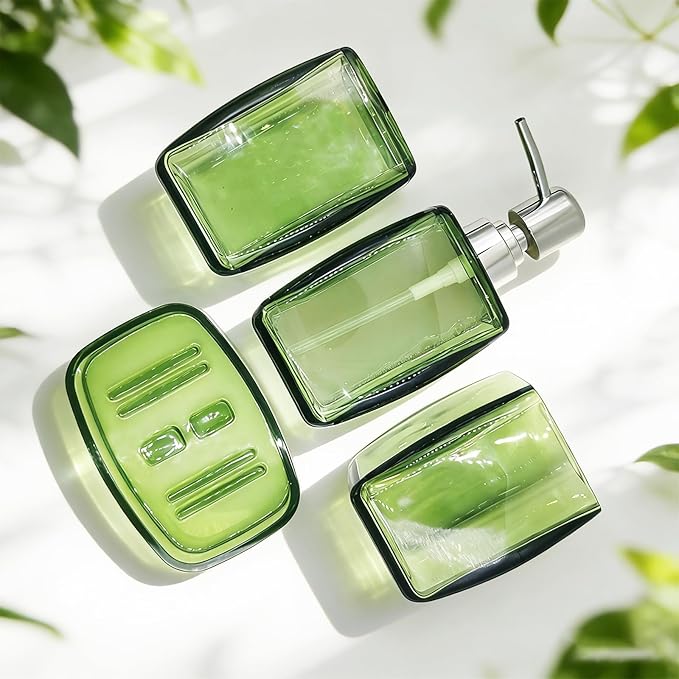 4-Piece Fresh Green Acrylic Bathroom Accessories Set — Soap Dispenser, Toothbrush Holder, Soap Dish & Mouthwash Cup, Vanity Countertop Organizer for Botanical Green Bathroom Decor