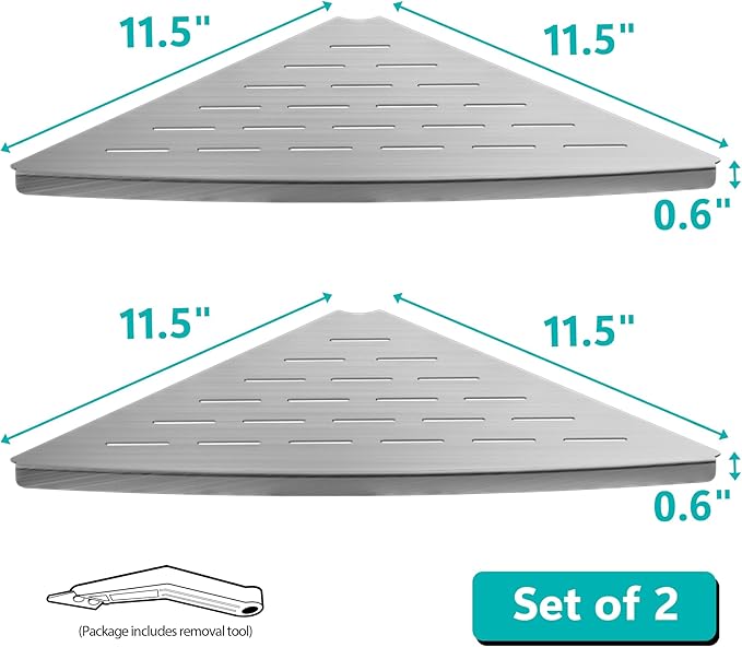 Qeke Corner Shower Shelf Brushed Nickel, 304 Stainless Steel 11.5” Recessed Corner Shelf Bathroom for Tiled Wall, Floating Shower Shelves Shampoo Holder, No Drilling, 2 Pack