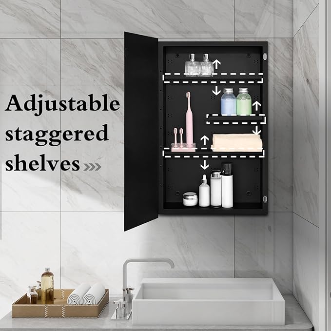 Fundin Black Medicine Cabinet Recessed or Surface Mount, Bathroom Medicine Cabinet with 18 x 30 Beveled Mirror and Adjustable Staggered Shelves, Wall Mount