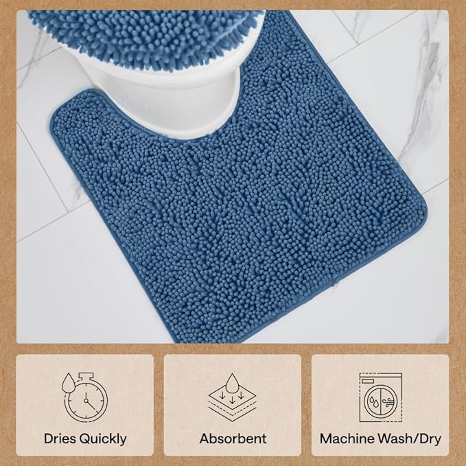 GORILLA GRIP Plush Absorbent Shaggy Chenille Bath Rug Mat for Oval Toilet Base with Rubber Backing, Machine Washable Rugs, Soft Microfiber Contour Mats for Toilets, Quick Dry, Bathroom Decor, Blue