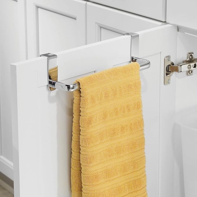 mDesign Steel Metal Wire Over Cabinet Towel Rack Storage Organizer - Hang on Cabinet or Door - Towel Bar Holder for Kitchen - Holds Hand Towels, Washcloths - Spira Collection, 2 Pack, Chrome