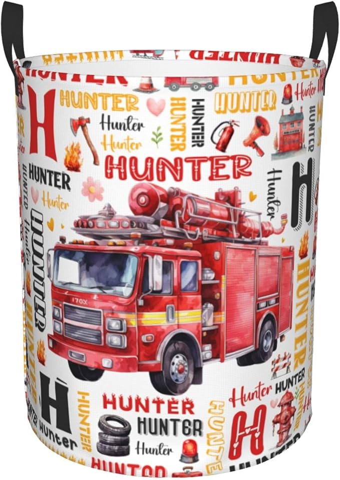 Personalized Fire Truck Laundry Basket For Baby Kids Boys Girls Adult Custom Hamper Basket With Name For Bathroom Bedrooms Collapsible Baby Laundry Basket, Dirty Clothes Hamper With Handles