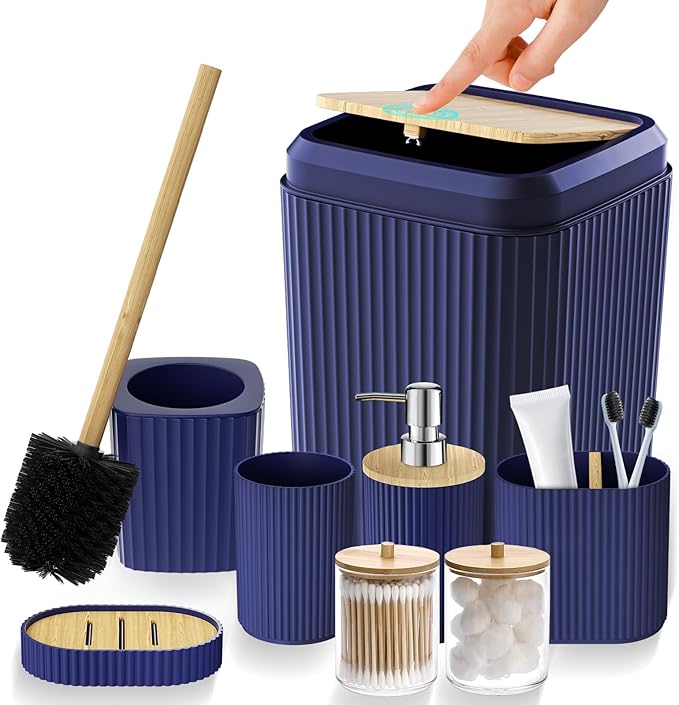 Bathroom Accessories Set - Unbreakable Navy Blue Bathroom Set, Trash Can, Toilet Brush with Holder, Soap Dispenser, Toothbrush and Toothpaste Holder, Tumbler Cup, Soap Dish, Qtip Holder, Bamboo Decor