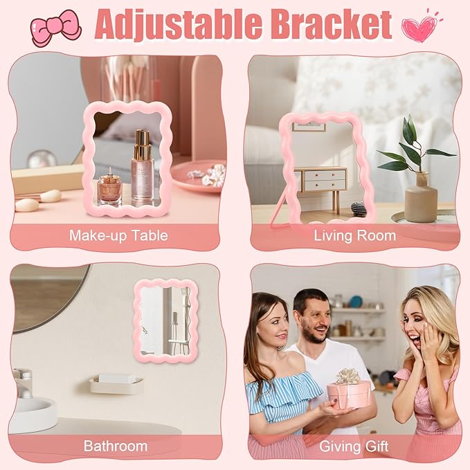 Desk Mirror, Wave-Shaped Adjustable Desk Vanity Makeup Mirror Office Cubicle with Eyebrows Tweezer, 6.7*5.3In Cute Travel Portable Folding Make Up Mirrors for Standing Hanging Home Decoration(Pink)