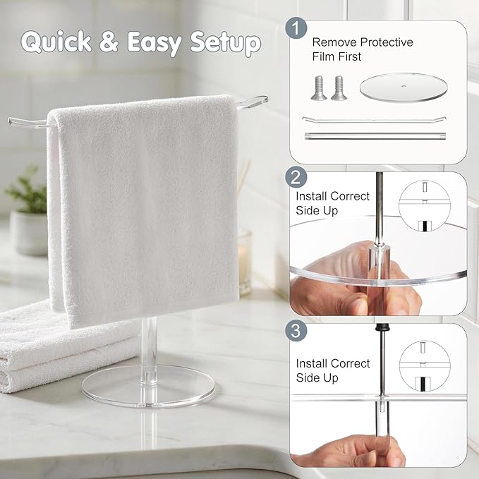 Clear Acrylic Hand Towel Holder Stand, T-Shape Free-Standing Towel Rack for Bathroom & Kitchen, Modern Minimalist Design, Simple Assembly, Countertop Organizer