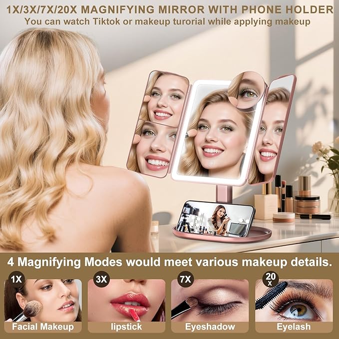 Mocado Makeup Mirror with Lights, 20X/7X/3X Magnifying Mirror with Light, Rechargeable & Height Adjustable Lighted Makeup Mirror, Vanity Mirror with 3 Colors Lights, Detachable Design(Rose Gold)