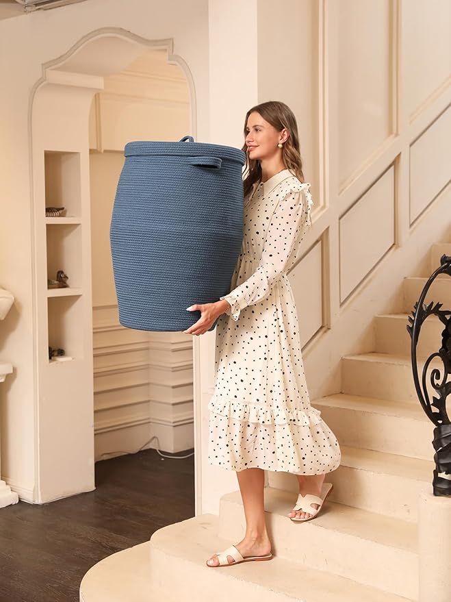26"x20" Handcrafted Tall Cotton Rope Basket with Lid, Stylish Flagon Shape with Cover, Clothes Hamper with Top, for Bedroom and Living Room, All Dark Blue