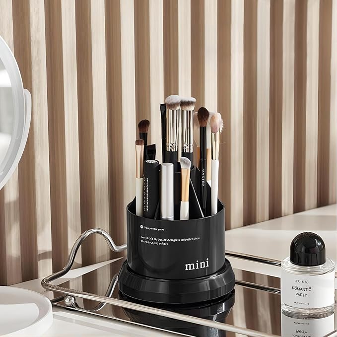 DASITON 360° Rotating Makeup Brush Holder,Covered Dustproof Makeup Brushes Organizer,7 Slot Makeup Brushes Cup,for Vanity Decor,Bathroom Countertops,Cosmetic Display cases（Black）