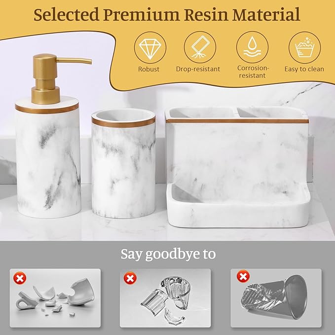 Shinowa Bathroom Accessories Set, Marble Look Toothbrush Holder and Soap Dispenser Set, Bathroom Countertop Décor Sets with Lotion Dispenser Soap Pump, Tumbler, Bathroom Organizer Accessories