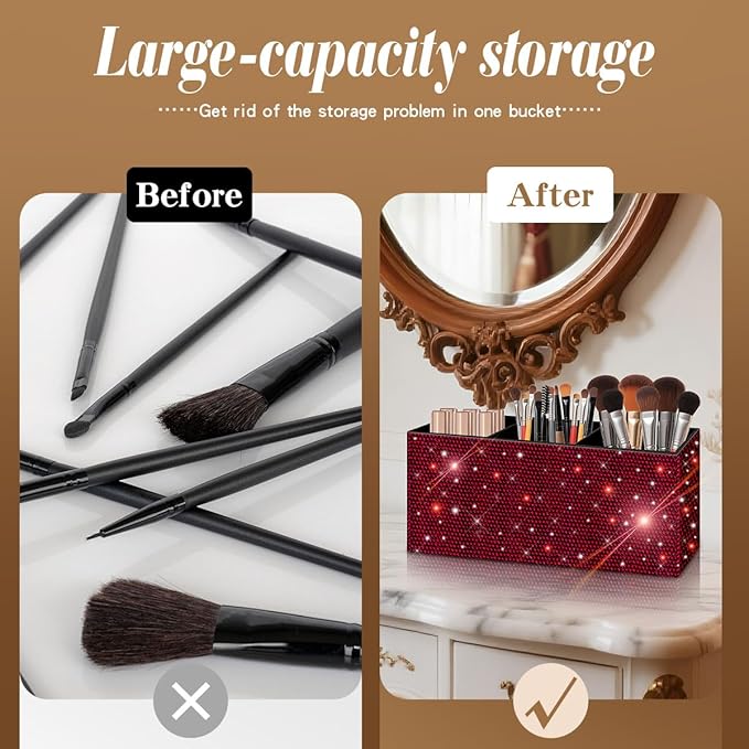 Bling Makeup Brush Holder Organizer, 3 Slot Sparkle Cosmetics Brushes Storage Holders with Shiny Rhinestones, Glitter Cute Pen and Pencil Holder for Desk, Eyeliners Display Case for Vanity???Wine Red???