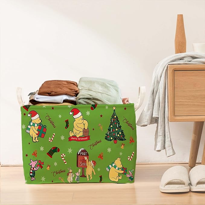 Winnie Theme Christmas Baskets Decor,the Pooh Baby Stuff, Large Square Canvas Baby Laundry Hamper with A Waterproof PE Coating,Foldable Storage Bin for Toys and Clothes