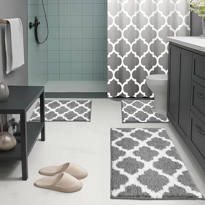 Britimes Grey Geometric Bathroom Sets with Shower Curtain and Rugs, Minimalist Ombre Modern Vintage Waterproof Shower Curtain Liner and Soft Non Slip Bath Mat for Bathroom Decor and Accessories Hooks