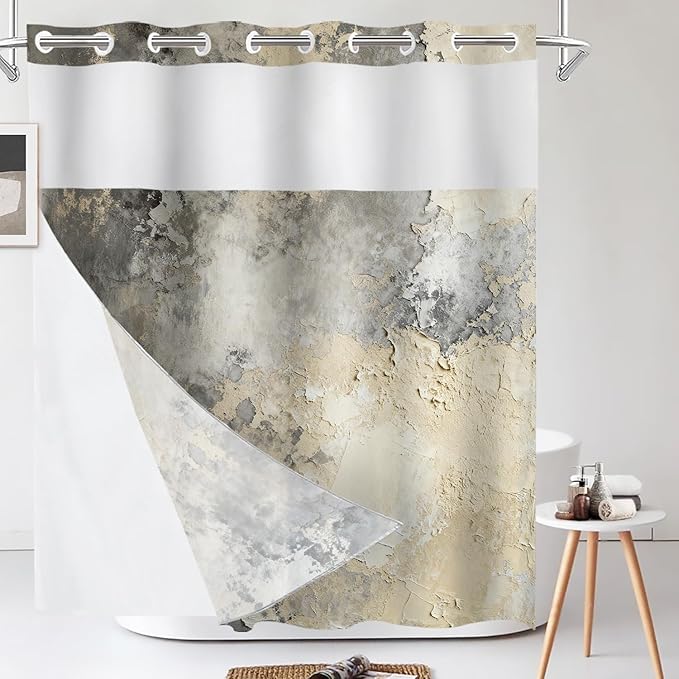 Shrahala Taupe Squares Texture No Hooks Shower Curtain with Snap in Liner Set, Grey and Beige Art Painting Bathroom Décor Polyester Fiber Waterproof for Stall Bathtubs 71 X 86 in