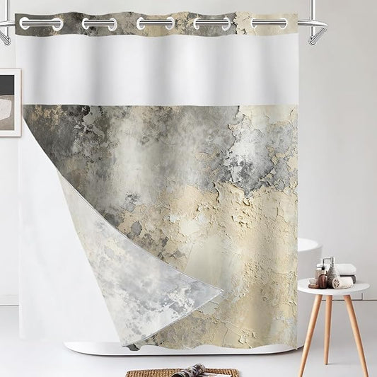 Shrahala Taupe Squares Texture No Hooks Shower Curtain with Snap in Liner Set, Grey and Beige Art Painting Bathroom Décor Polyester Fiber Waterproof for Stall Bathtubs 71 X 86 in