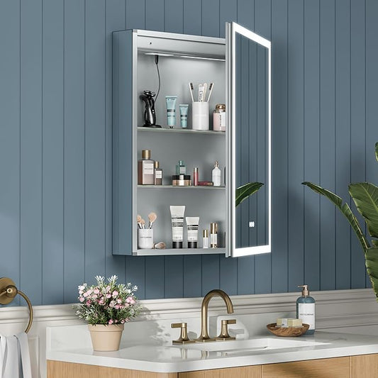 24x30 Inch Medicine Cabinet with Lights, AL Alloy Frame, Plug-in or Hardwired, Recessed or Surface Mount, 3 Colors/Dimmable/Interior Light/Defog, 2 Outlets & USBs, 2 Shelves (Right Hinge)