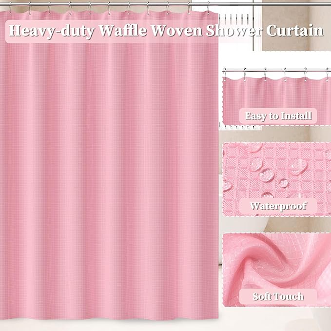 Bathroom Accessories Set, 25PCS Wicker Bathroom Accessory Set with Shower Curtain, Bath Mat, Soap Dispenser, Handwoven Trash Can & Ratten Tissue Box (Pink, Bath Set+Shower Curtain+Rugs)