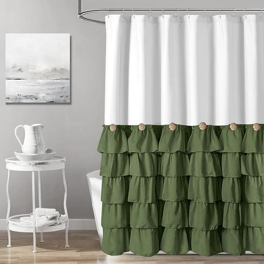 Seasonwood Green and White Shower Curtain 72 x 72 with Nature Buttons Farmhouse Shower Curtain for Bathroom French Country Style,White and Sage Green