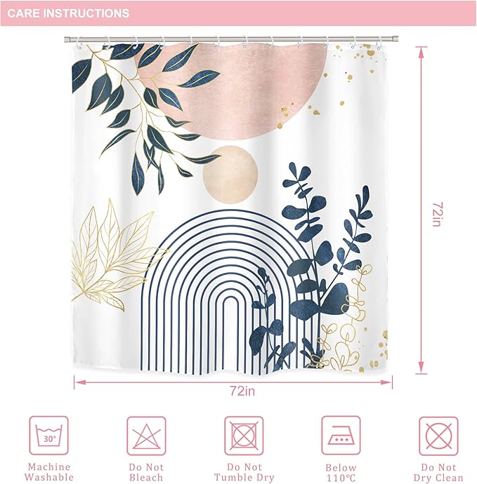 Riyidecor Boho Pink Navy Blue 4Pcs Shower Curtain Set with Toilet Lid Cover and Non-Slip Rugs, Mid Century Modern Minimalist Bathroom Decor Set，Abstract Contour and Bath Mat with 12 Hooks