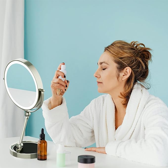 Rocollos Lighted Vanity Mirror: 9" Rechargeable Tabletop Makeup Mirror, 10X Magnification, 3 Color Dimmable, Height Adjustable Cordless Mirror, 4000mAh USB-C, 360° Swivel, Rustproof for Bathroom