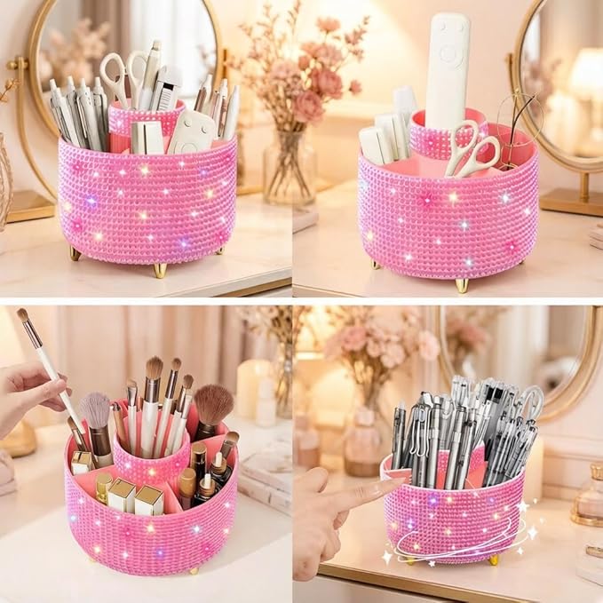 Bling Makeup Brush Holder,360° Rotating Makeup Brush Organizer,5 Slot Make up Brushes Cup for Cosmetics,Large Capacity,For Nail Polish, Art Supply, Bathroom Vanity,Cosmetics Organizer,Diamond Pink