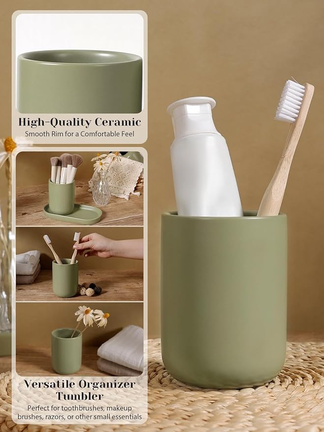 INGOFIN 3 Pcs Ceramic Bathroom Accessory Set - Liquid Soap Dispenser, Toothbrush Holder & Tray, Bathroom Counter Set, Countertop Essentials for Home, Guest Bathroom, Office, Hotel, Dark Green