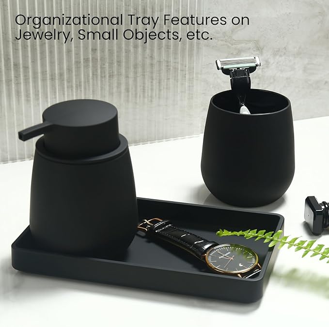 Black Bathroom Accessories Set, Modern 3 Pcs Bathroom Essentials - Soap Dispenser, Toothbrush Holder & Tray, Countertop Vanity Organizer (Black)