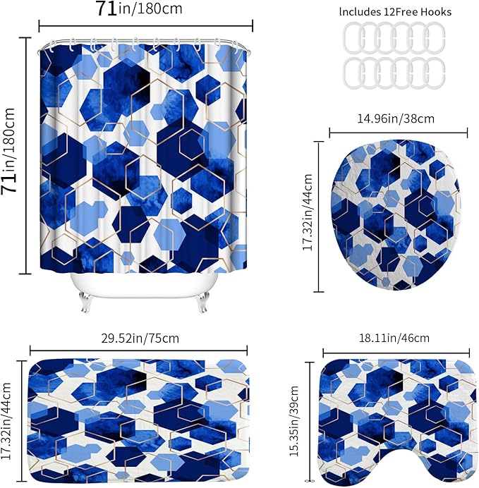 Muuyi 4Pcs Blue White Geometric Shower Curtain Set, Neutral Modern Art Deco Shower Curtain with Hooks, Elegant Trendy Simple Bathroom Sets with Shower Curtain and Rugs, 71 * 71in