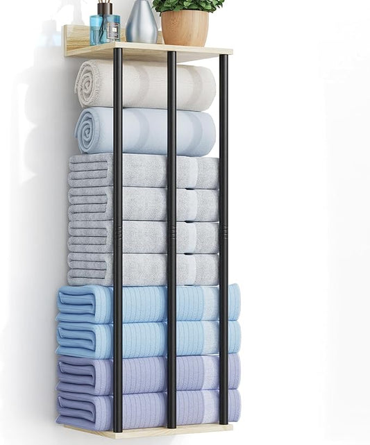 34 Inch Bathroom Towel Rack with Shelf – Modern Towel Holder for Bathroom Wall Mounted, Holds 6 Large Bath Towels, Rolled Towel Organizer for Bathroom, Laundry Room, and Small Space Storage