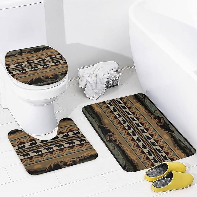 Vintage Farmhouse Bear 4 Piece Shower Curtain Sets, Non-Slip Rugs, Toilet Lid Cover and Bath Mat, Durable and Waterproof, for Bathroom Decor Set One Size