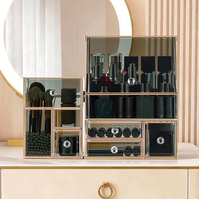 Glass Makeup Organizer for Vanity, High-End Cosmetic Storage Box for Skincare, Perfume, Brushes & Lipsticks, Elegant Countertop Organizer for Bathroom or Dresser- Christmas Gifts For Women