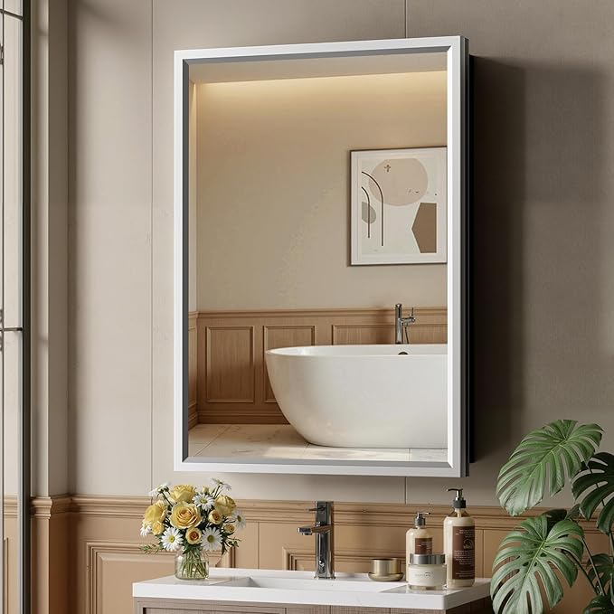 20“ x 28” Silver Medicine Cabinets for Bathroom with Mirror, Aluminum Alloy Framed Mirror＆Tempered Glass Design, Recessed or Surface Wall-Mounted Metal Bathroom Vanity Mirror with Storage Cabinet