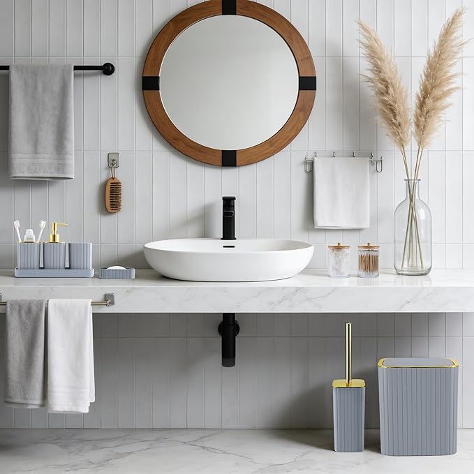 Grey Bathroom Accessory Set-9PC Set with Toilet Brush, Trash Can, Soap Dispenser, Q-Tip Holder | Modern Home Bath Essentials (Grey, Bath Set)