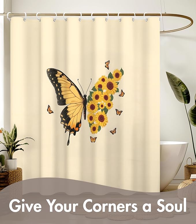MAMUSE Shower Curtain for Bathroom - Cute Aesthetic Decorative Modern Girly Unique Girls Design Pretty Women Waterproof Fabric Cloth Cortinas de Baño Bathtub 72 x 72 Inch, Sunflower Butterfly
