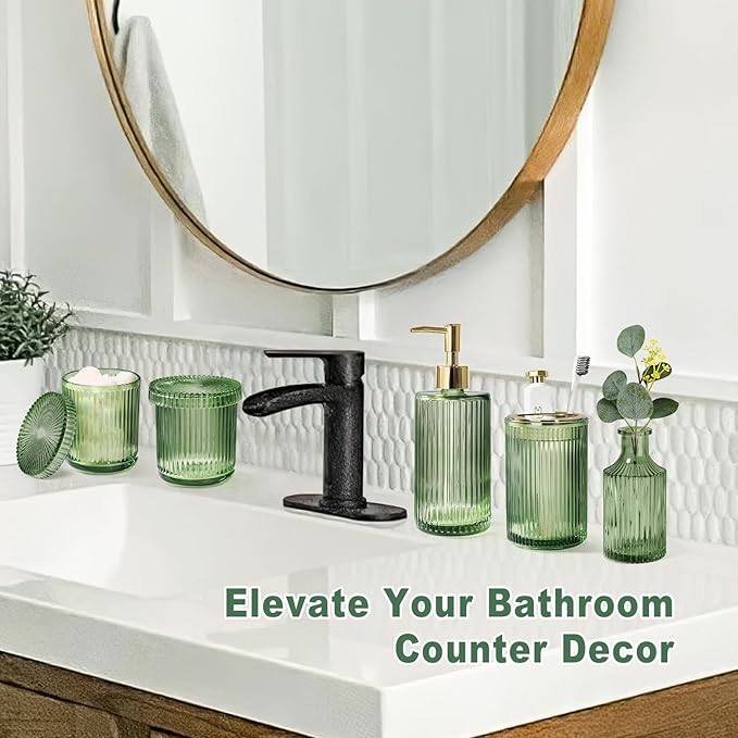 Green Bathroom Accessories 5 Pcs, Glass Bathroom Accessory Set, Vintage Green Bathroom Set, Sage Green Soap Dispenser and Toothbrush Holder Set, Qtip Holder, Small Flower Vase, Modern Bathroom Decor