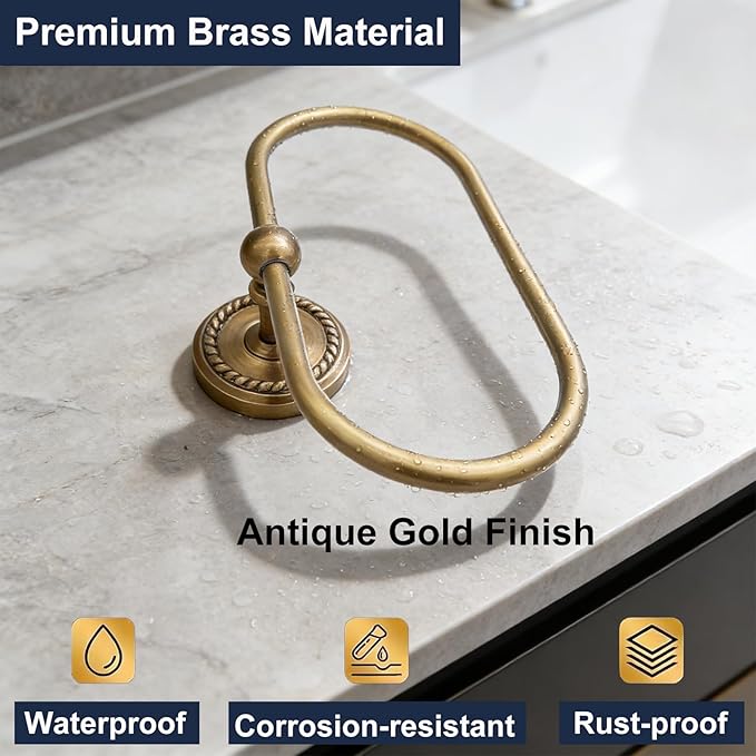 Oval Towel Ring, Antique Brass Towel Holder for Bathroom Wall Mounted, Gold Hand Towel Ring, Oval Towel Rack Hanger for Bath, Kitchen