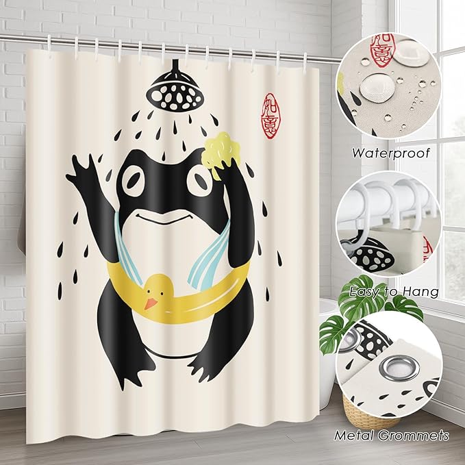 ArtSocket Funny Frog Bathroom Set with Shower Curtain and Rugs and Accessories, Asian Style Traditional Japanese Art Rubber Duck Cute Animal Retro Beige Shower Curtain for Bathroom Decor 4 Pcs