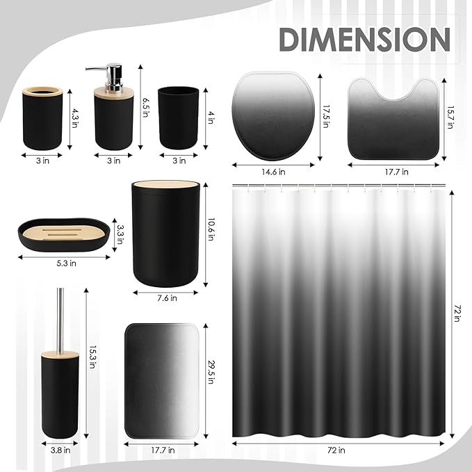 Ombre Grey Black Bathroom Decor and Accessories Set, Shower Curtain and Rug Set with Trash Can, Soap Dispenser, Soap Dish, Toothbrush Holder, Toothbrush Cup, Toilet Brush